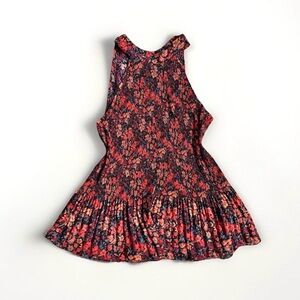 Womens Sleeveless Blouse Size XS Red Floral Print Pleated Shirt High Neck Tank